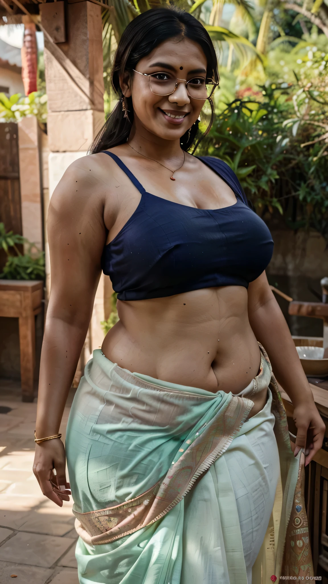 RAW photo, natural lighting, best quality:1.15) Indian woman Nisha, wearing colorful saree blouse, 40 years old, (chubby cheeks:1.1), (curvy body:1.4), (eyeglasses), (bindi), An Indian beauty, charismatic, fair skintone, naughty smile, garden, (detailed facial features), front view, big ass, wide ass, slim thin fit belly, big thighs, round navel, sexy navel
