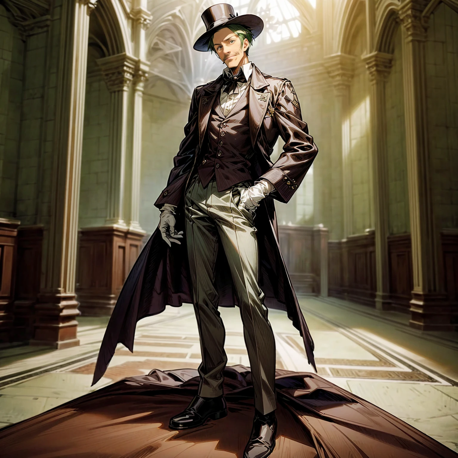 Solo character, middle aged man, tall height, full body version, green colour hair, short haircut, formal suit clothing, white color clothing, brown pants, boots, gloves, indoor, medieval, Castle, top hat pandora, (moustache), (black clover style art), detailed clothing, detailed hair, detailed background, standing gesture, blue fire in hand, smile mouth,