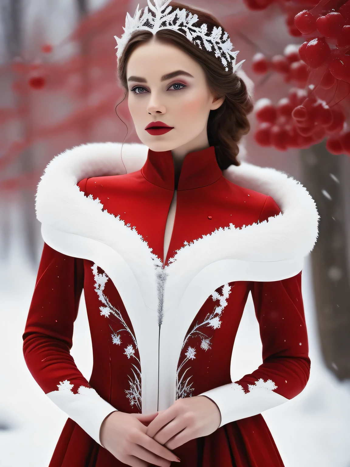 liza_white_model  snow fae princess, photo real,  (8k, RAW photo, highest quality), hyper realistic, red ruby gemstone suit, hauntingly beautiful illustrations, fairytale-inspired, winter snow background, blurry background
 lora:add-detail-xl:1> "
 p