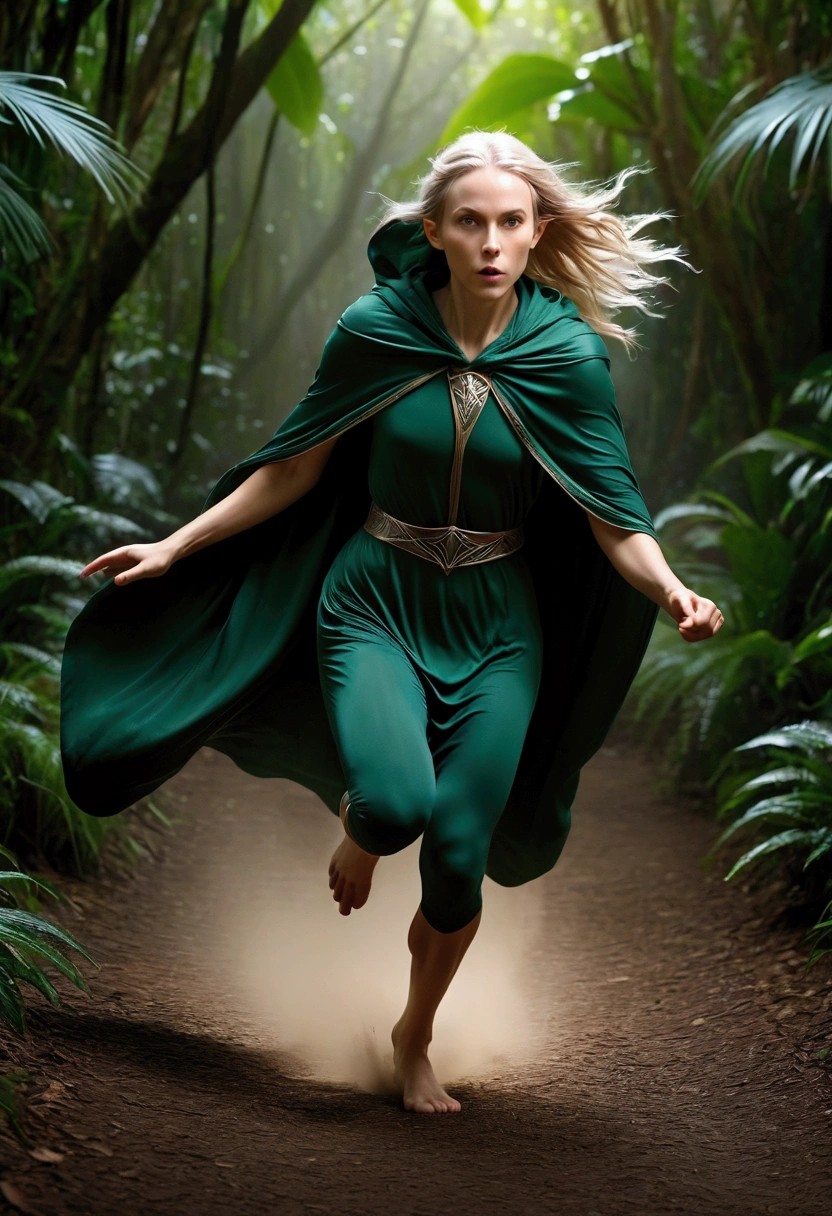 long exposure photo of a close up of {1elven in a cloak running on a jungle with a light trail behind her, sprinting, athlete photography, hyperspeed, tracers, athletic body, cover shot, dynamic active running pose, high-speed sports photography, sports photography, by Edwin Georgi, light speed, high speed motion, dynamic movie still, sport photography, movie promotional image, energy pulsing realistic, detailed, 4k} in motion, blurred edges, slow shutter speed motion photography, shot on Fuji Film XT4 camera f/1.5. ISO 200
