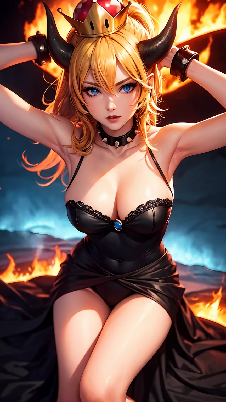 ((high detailed, best quality, 4k, masterpiece, hd:1.3)), ((best quality)), (((HD))), (((8k))), (ultraDH), (ultra HD), Princess Daisy, blue eyes, BREAK blue eyes, seductive, attractive, smooth anime cg art, 36C breasts, long legs, vivid colors, detailed digital art, slim body, perfect skin, dark blonde hair, long hair, blonde hair, blonde hair, BREAK crown, cleavage, 36C cleavage, looking at viewer, BREAK looking at viewer, extremely detailed face, red santa suit, red santa claus suit, santa claus suit, earrings, gem, dark black makeup lips, dark gothic eyeshadows, dark eyeshadows, black eyeshadows, black sexy lips, black lips, (dark:1.2), dark lips, very dark lips, (perfect hands, perfect anatomy), black makeup, black medium lips, black thick lips, detailed fingers, five fingers per hand, 5 fingers, (1 girl), detailed lips, detailed black lips, black painted lips, gothic painted lips, BREAK night, night sky, (breast focus), (arms outstreched:1.2), (from above:1.1), (breasts out:1.3), (off shoulder:1.1), (white horns), (lingerie), inside a lava castle, she inside a sea of lava, she bathing in lava, full body, perfect long legs, perfect foots, legs and foots into the lava,