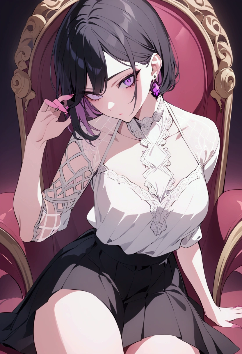 Woman in a dark mood,Sharp Eyes,Earrings,Prosthetic limbs,Short black hair,Pink Mesh,Purple Eyes,White blouse,Black Skirt,