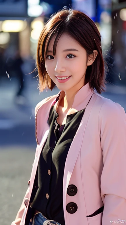 (1 girl, The buttons on the front of her blouse are undone.:1.2), Gorgeous Japanese actresses,
(RAW Photos, highest quality), masterpiece, 
(Realistic, Photorealistic:1.4), 

very delicate and beautiful, very detailed beautiful and detailed nose, beautiful & detailed, cinema lighting, gentle & feminine, 

2k wallpaper, wonderful, finely, very detailed,
Very detailed CG Unity 8k 壁紙, high resolution, 
beautiful detailed lady, very detailed目と顔,
soft light, bob hair, ponytail, short hair with bangs, hot pink hair, jensen_Huang_Iconic_Black_Jacket 

BREAK

(Rain: 1.2), Tokyo Shibuya, City Lights, 
Perfect Anatomy, slender body, medium breasts, kind smile, zoom-in face to waist, (candid_Shot RNG 25%), medium shot or cowboy shot, bokeh, SFW,)