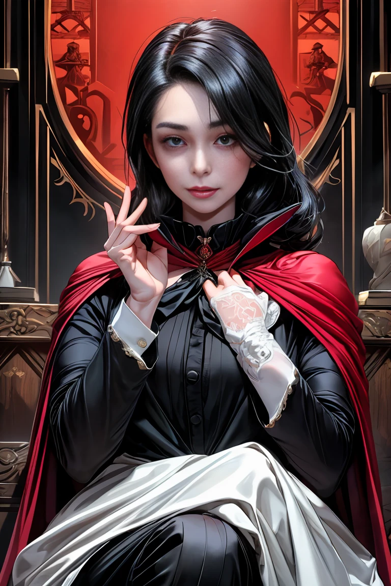masterpiece, 最high quality, high quality, 1 girl, alone, Female focus, Watching the audience, Messy black hair, Adorable big blue eyes, White people, Noble, Noble,Sexy voluminous black and red cape、Tuxedo、A very voluminous, large, very large, very large, long, long red and black cape with a high stand-up collar, reaching down to the floor, made of a lot of fabric., ,Cute beautiful girls,Cute, cute, kind, gorgeous girl