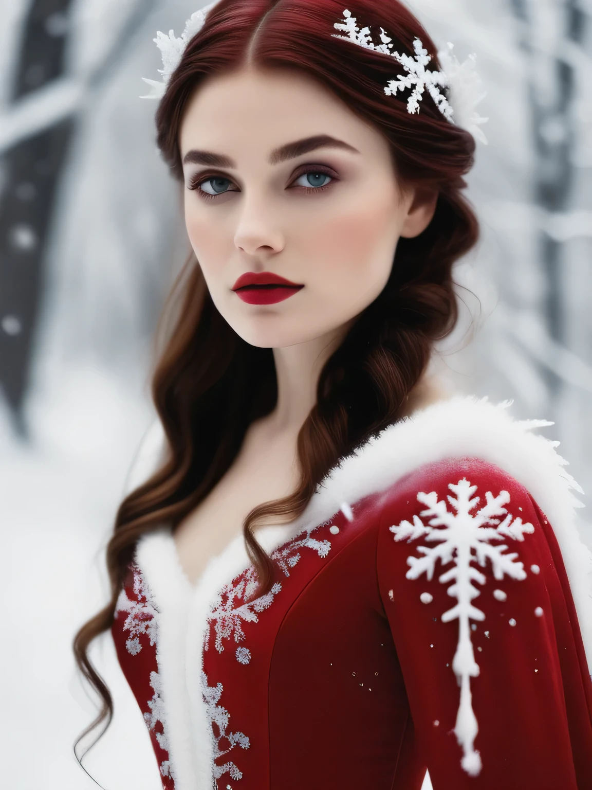 liza_white_model  snow fae princess, photo real,  (8k, RAW photo, highest quality), hyper realistic, red ruby gemstone suit, hauntingly beautiful illustrations, fairytale-inspired, winter snow background, blurry background
 lora:add-detail-xl:1> "
 p