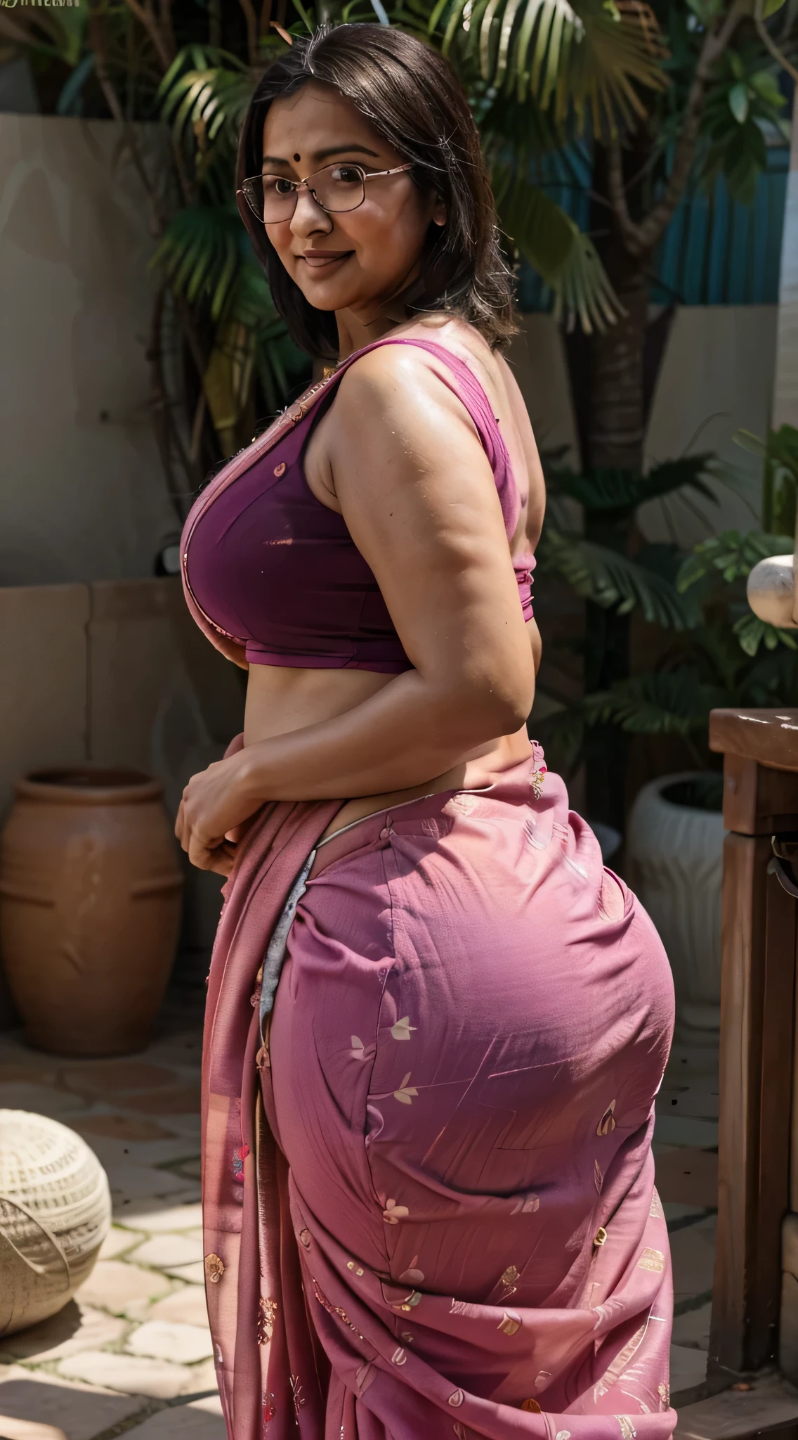 RAW photo, natural lighting, best quality:1.15) Indian woman Nisha, wearing colorful saree blouse, 40 years old, (chubby cheeks:1.1), (curvy body:1.4), (eyeglasses), (bindi), An Indian beauty, charismatic, fair skintone, naughty smile, garden, (detailed facial features), back view, big ass, wide ass, slim thin fit belly, big thighs, thick thighs