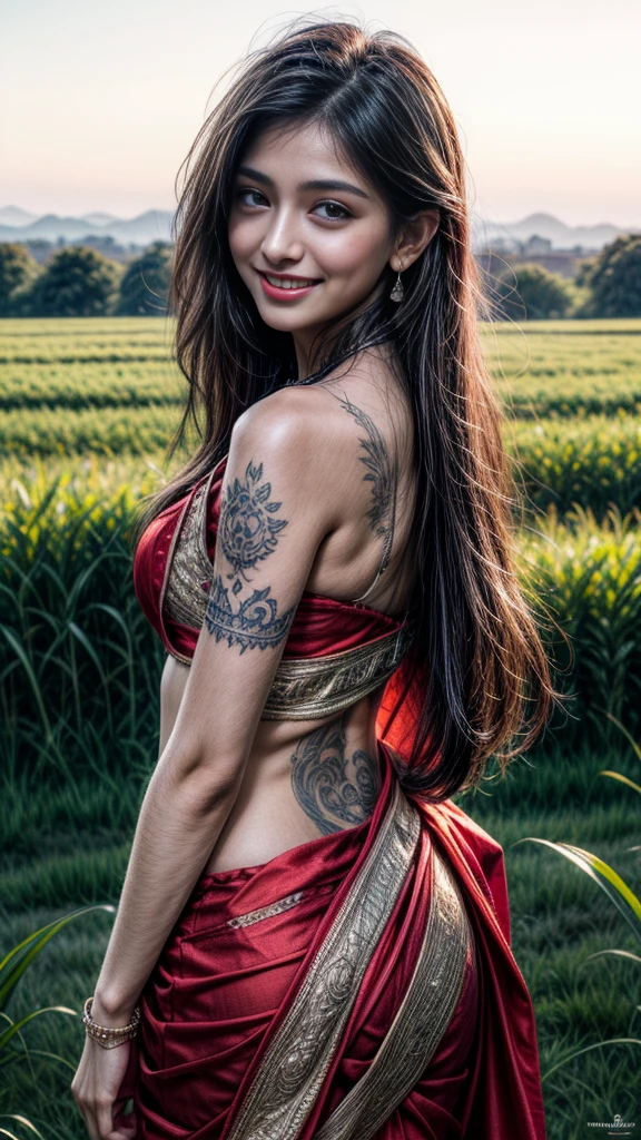 Close up, 24 year old indian woman, Bridal Red silky satin saree, White skin, long dense braided hair, Corn forming Fields landscapes background, ultra realistic, realism, cute, charming, day time, tattooed body, medium height, big eyes, pure Indian style saree, ambient lighting, perfect anatomy, detailed body and face, 8K, Masterpiece, RAW photo, Best quality, Photorealistic, Extremely detailed CG Unity 8K wallpaper, Noval Showing, Most Beautiful smile, ((smile:1.2)), very hot look eyes, Beautiful Smile