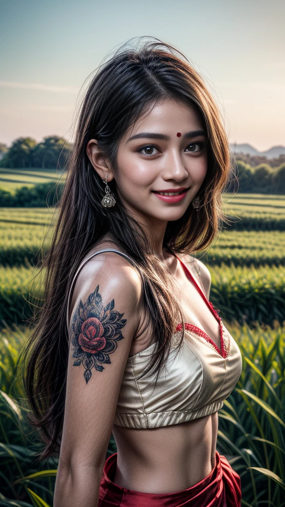 Close up, 24 year old indian woman, Bridal Red silky satin saree, White skin, long dense braided hair, Corn forming Fields landscapes background, ultra realistic, realism, cute, charming, day time, tattooed body, medium height, big eyes, pure Indian style saree, ambient lighting, perfect anatomy, detailed body and face, 8K, Masterpiece, RAW photo, Best quality, Photorealistic, Extremely detailed CG Unity 8K wallpaper, Noval Showing, Most Beautiful smile, ((smile:1.2)), very hot look eyes, Beautiful Smile