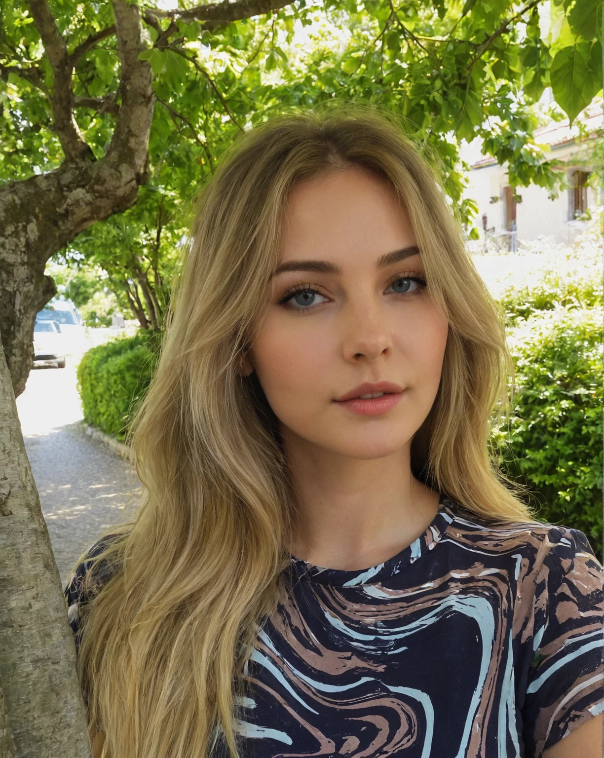 femme blonde aux cheveux longs et aux yeux bleus debout devant une voiture Portrait Mégane Fox, Dasha Taran, Anna Nikonova alias Newmilky, style de Julia Razumova, Sydney Sweeney, Anastasia Ovchinnikova, Julia Gorokhova, Elena Belova, Angelina Stroganova, visage parfait )