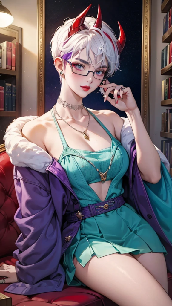 8k, masterpiece, best quality, highly detailed, 1 girl, tiefling, warlock, multicolored hair, very short straight hair green highlight hair on white hair, strippled hair, wearing glasses, round glasses, earrings, red eyeshadow, long eyelashes,navel piercing, blushed cheek, necklace, collarbone, mole, glamorous, purple and teal clothing, villainy, smirk, seductive face, halfbody view, rings, looking at viewer, demon horns, solo, antique dress, ballroom, palace, blue pale moon, sitting,