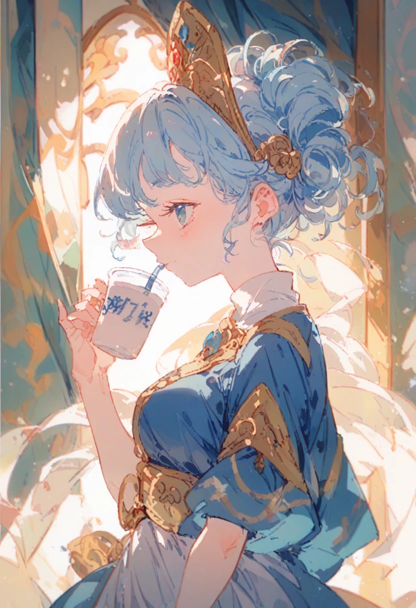 Human girl about 10 years old。Priest in a fantasy world。White base with gold embroidery、Blue robes as accent color。Milk tea colored curly hair。