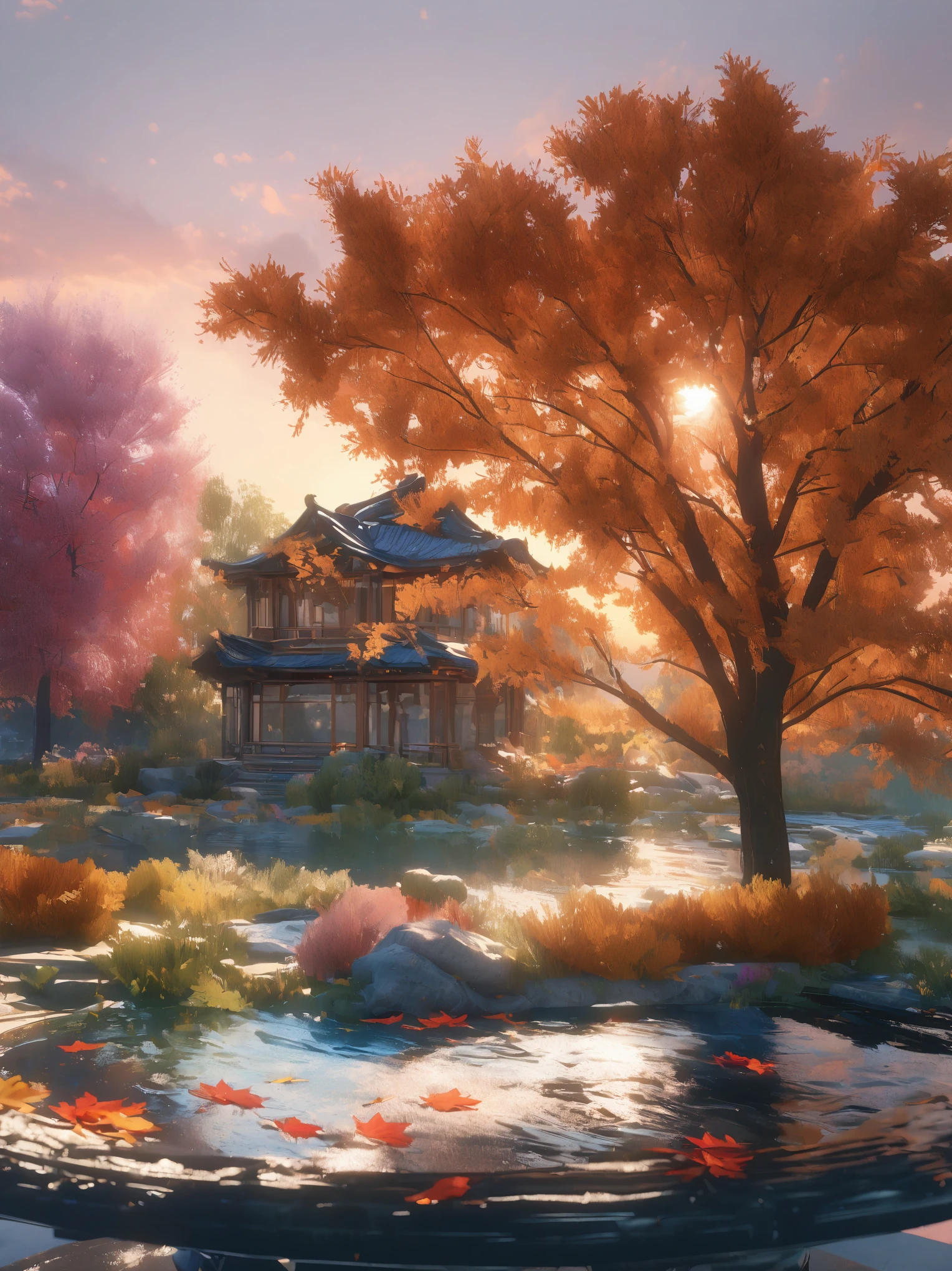 DIY16,best quality, Ultra HD, masterpieces, 8K, Practical, Anime style, 3D Rendering,(Pond in the evening:1.2), (8K, best quality, masterpiece:1.2), (Ultra-high resolution:1.0), Extremely bright design, Soft colors, (ink:1.3), Autumn Lights, High Detail, dramatic, photoPractical painting art