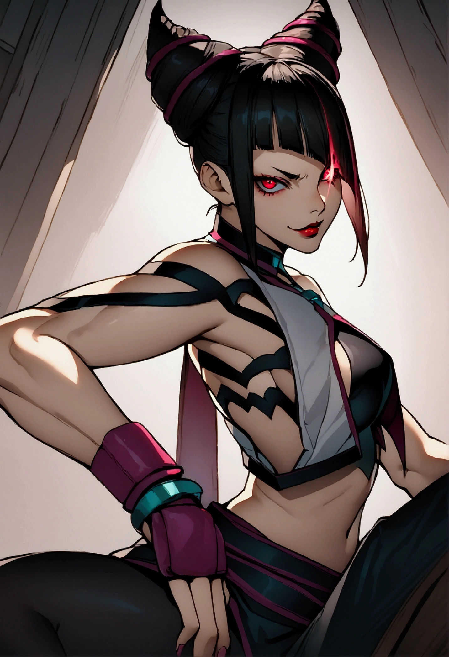 Juri Han, Artwork, fitted white secretary shirt with black tie, mini skirt short, skirt short,black tights, Bblack hair, blackstockings,Evil smile,desk,bangs on the eyes,Lighting,horn of hair,red eyes glowing,neckleace,labiaa,sultry posing,sitting on a chair