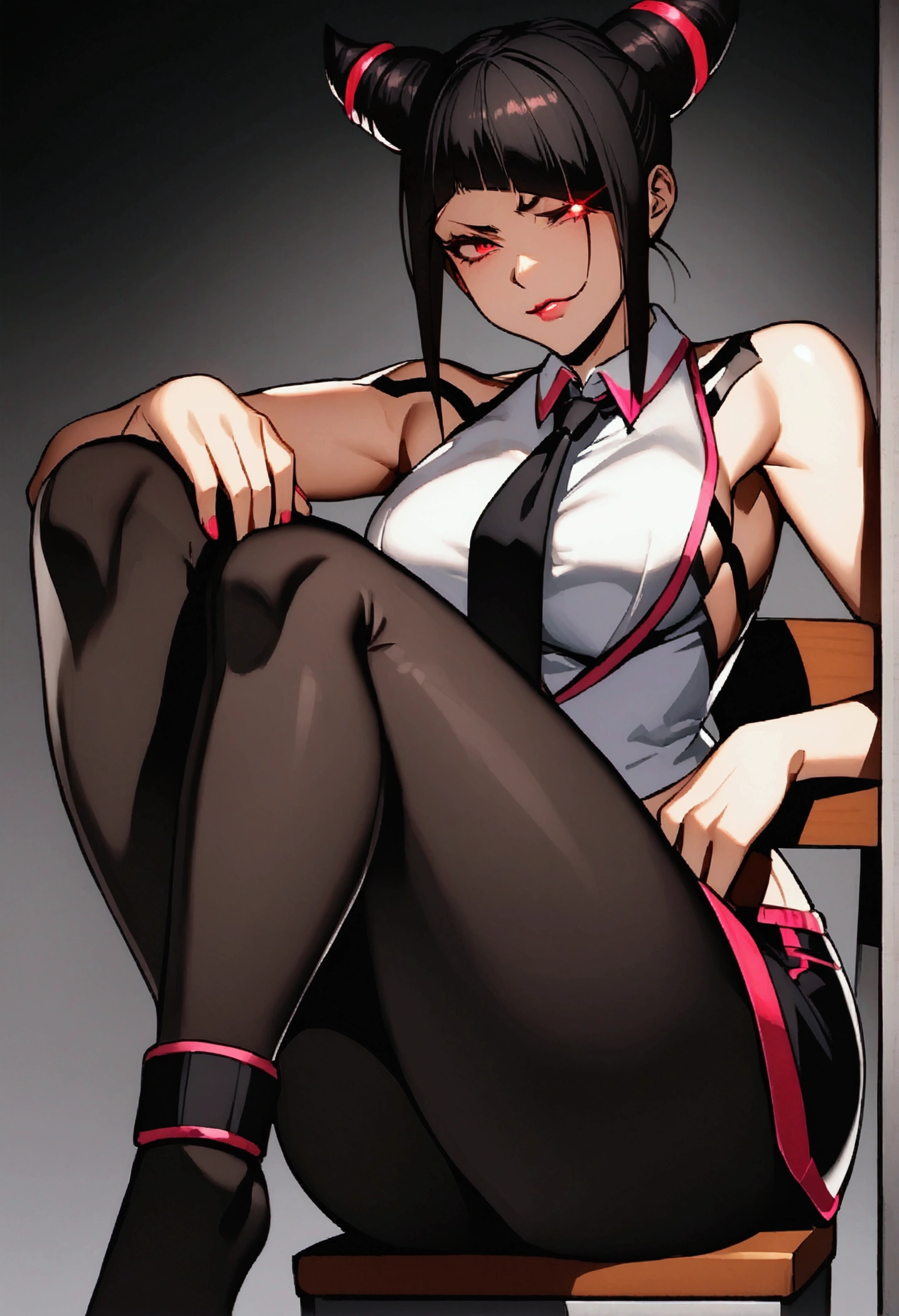 Juri Han, Artwork, fitted white secretary shirt with black tie, mini skirt short, skirt short,black tights, Bblack hair, blackstockings,Evil smile,desk,bangs on the eyes,Lighting,horn of hair,red eyes glowing,neckleace,labiaa,sultry posing,sitting on a chair
