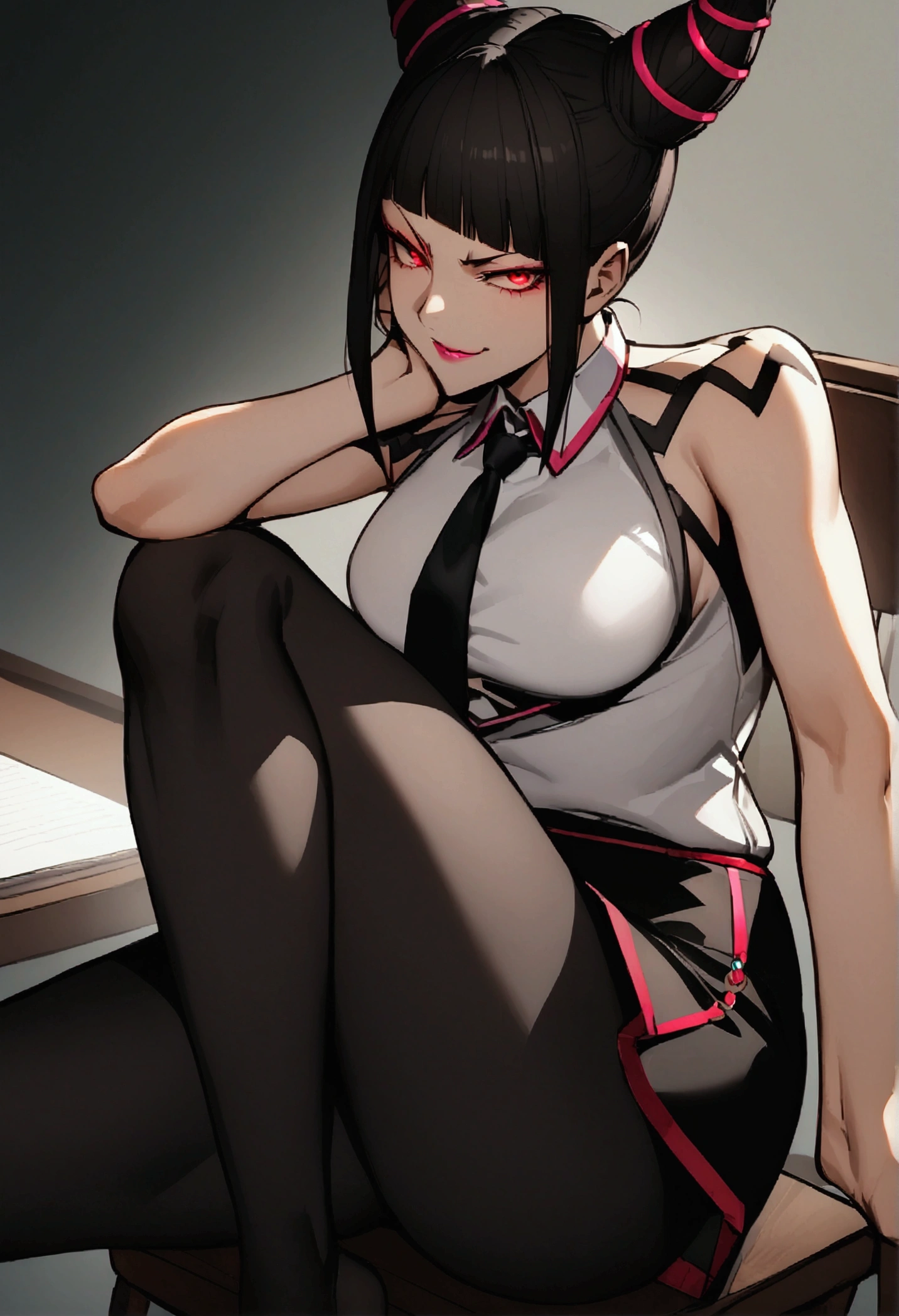 juri han, work of art, tight white secretary shirt with black tie, black high waist skirt, short skirt,stocking, black hair, black tightscary sun,office,bangs on the eyes,Lighting, hair with purple details,view from above,staring overhead,evil smile,sitting,cross legs,red eyes glowing,red lips,The eyes,pussy,seducing smile