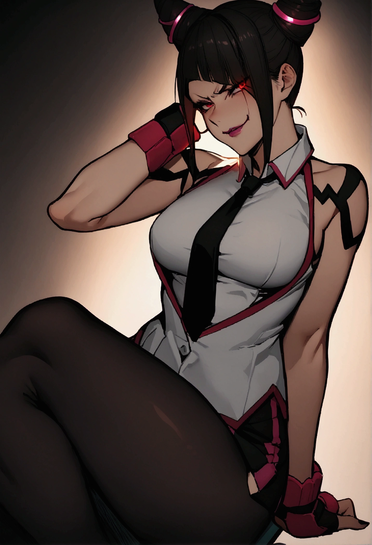 realistic, 1girl, ponytail, parted lips, blush, makeup, light smile, white hair, sportswear, skirt, wet clothes, glow, thighs, purple eye, bare shoulders, collarbone, narrow waist, sunbeam, sunlight, rose, wind, cleavage, (masterpiece), sweat, (best quality:1.2),solo,1girl,mdrin,smile,looking at viewer,crossed arms,ponytail,v-shaped eyebrows,white jacket,red shirt,fingerless gloves,black skirt,choker