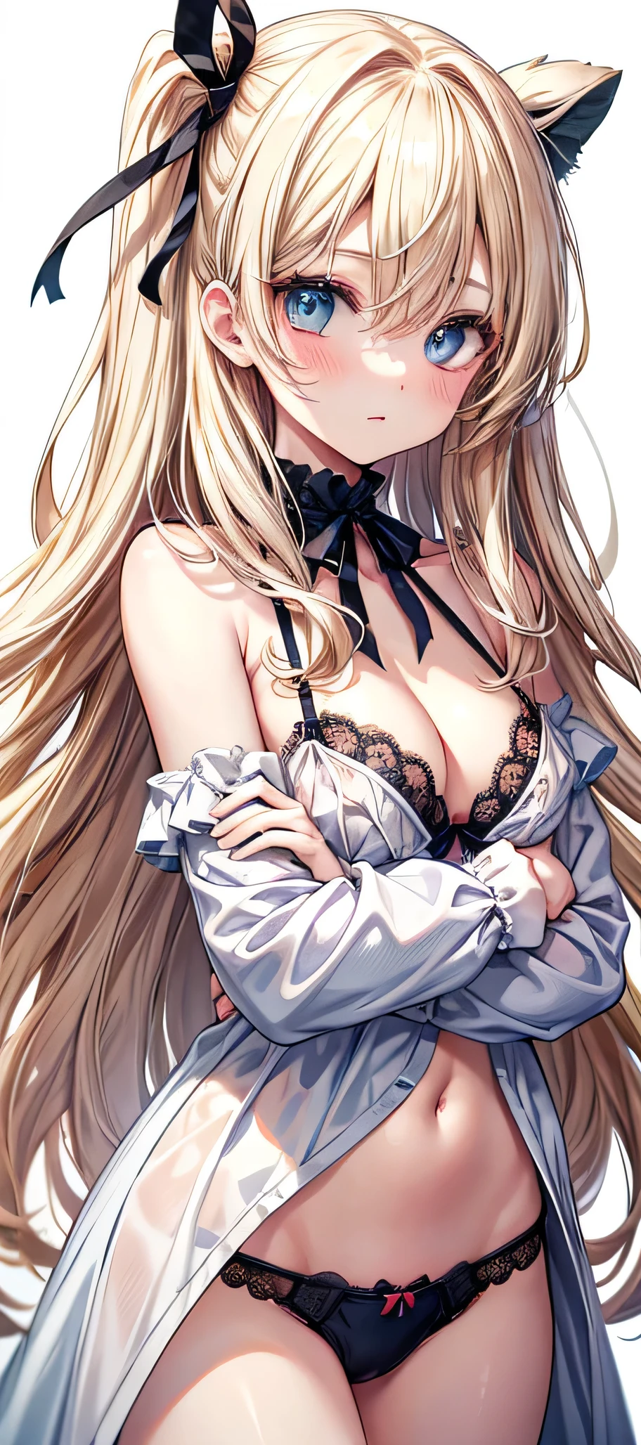 Masterpiece、Anime Coloring、8k、Ultra fine、cowboy shot、Black ribbon bra、Blonde、Semi-long hair、Get your hair down、blue eyes、In underwear、blush、White background、Full screen close-up、Cross your arms、((Medium chest))、Cleavage