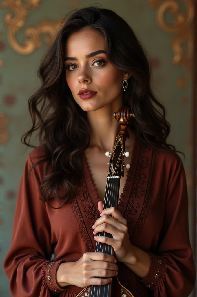 Girls 30yo , Brown skin, turkey women, capadoccia bacground, kong dress, long wave hair brown, choco eye, beauty run withbring a saz musical instrument, red lips, dark makeup
