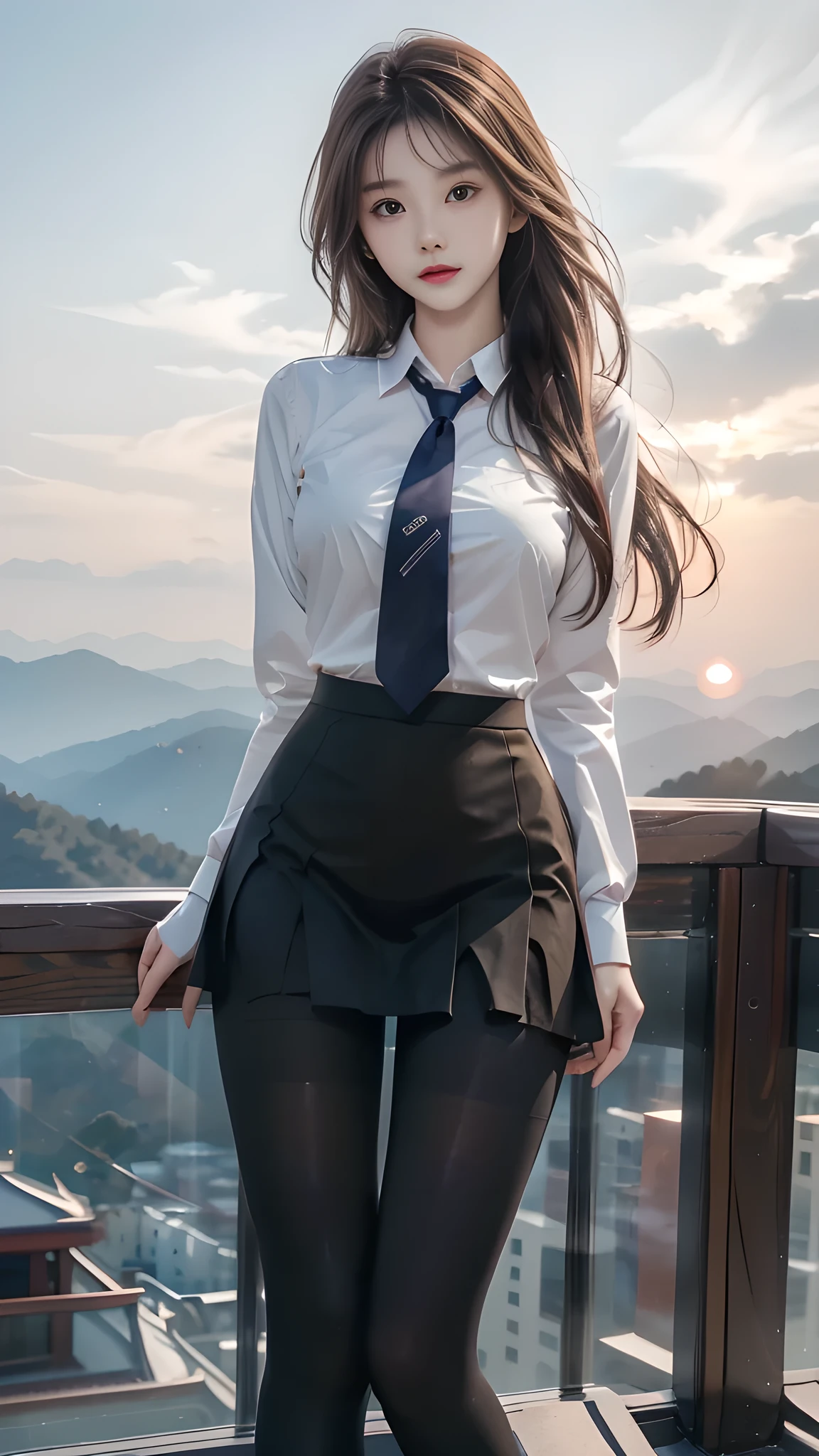 ulzzang-6500-v1.1, (RAW photo: 1.2), (Real photo), (Real photo: 1.4), 1 girl、Perfect anatomy、20 years old、Looking at the camera、Medium length hair、Uniform skirt, watching the sunset, ((in the mountains: 1.1))、(Hyperrealistic tights: 1.2), (Business service)、Asian eyes Ella,