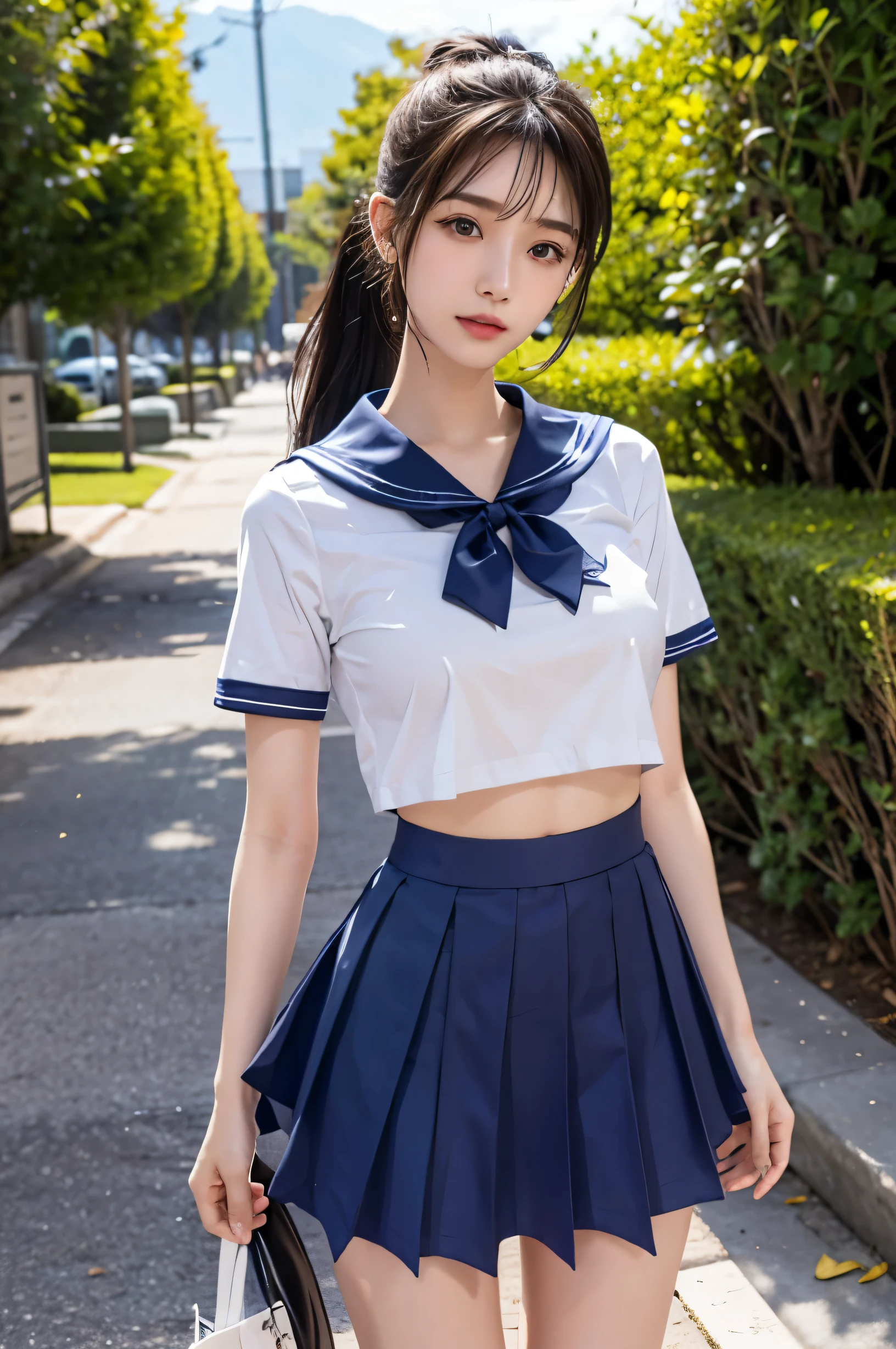 (Ultra HD), (Short-sleeved sailor uniform, Navy blue mini skirt), Big Breasts, slender, Narrow waist, (The belly button is visible:0.8), whole body, Standing posture, (Clean and shiny skin, Whitening, No makeup), (Super slim face, Super beautiful face), (ponytail, Layered Cut, Fluffy hair), (double eyelid, Slanted Eyes), Small Nose, Thin lips, Thin legs, In front of the school gate