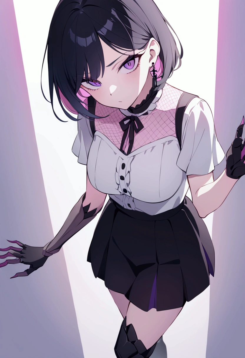 Woman in a dark mood，Sharp Eyes，Earrings，Prosthetic limbs，Short black hair，Pink Mesh，Purple Eyes，White blouse，Black Skirt，