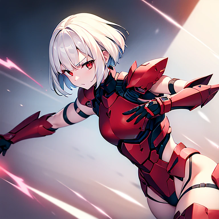 (girl)(white short hair)(red eyes)(Driving exoskeleton armor)(Cool battle scenes)(The blade flickers)(Fierce clash of weapons)4K