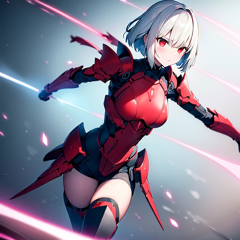 (girl)(white short hair)(red eyes)(Driving exoskeleton armor)(Cool battle scenes)(The blade flickers)(Fierce clash of weapons)4K