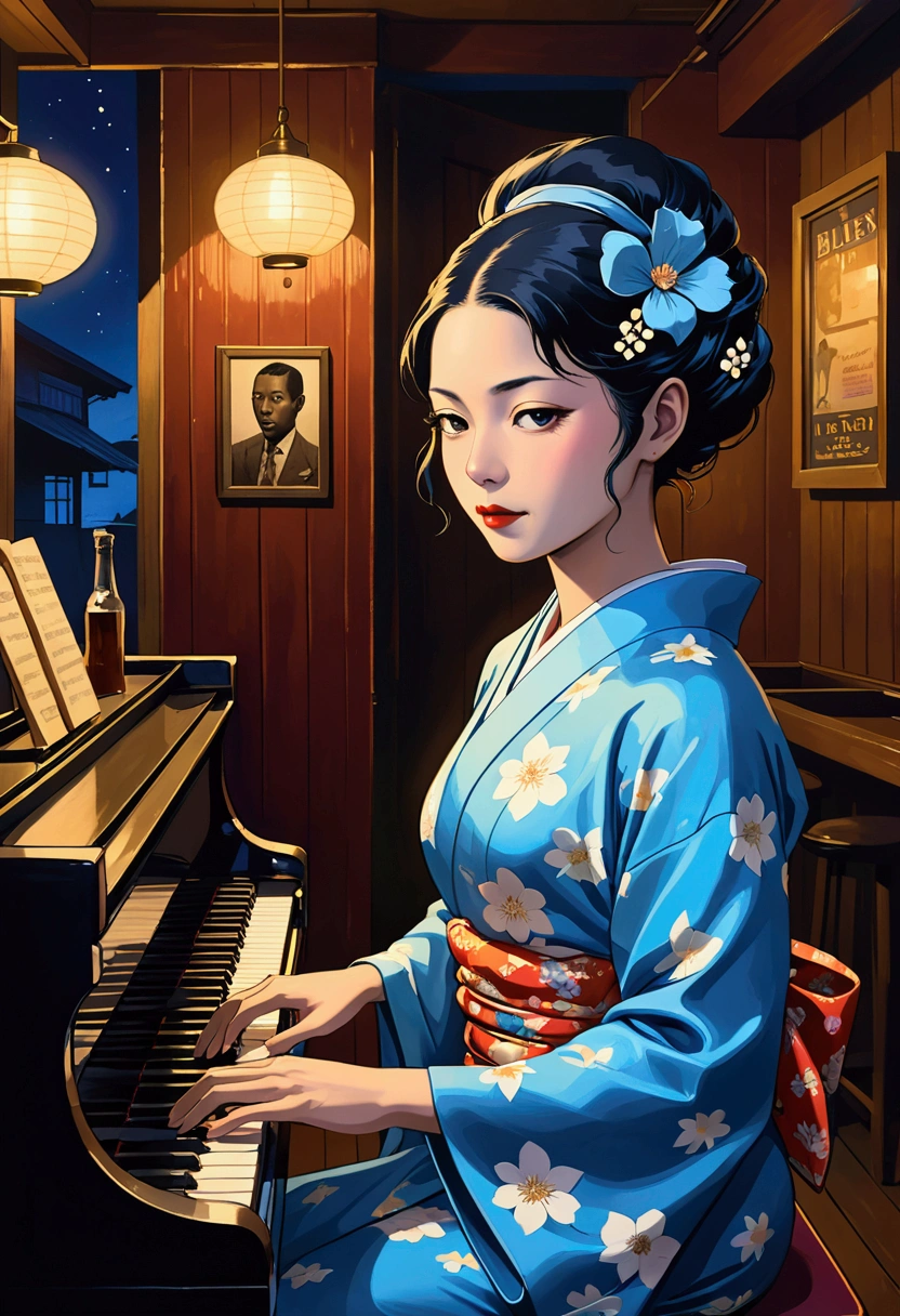 Robert Johnson, Grainy, Alabama Bar, Blue, charisma ,, Lonely woman, sad ending, Pianist: A beautiful Japanese woman in a kimono playing bluesy piano in a dingy blues bar in the American South in the 1930s. American Bar Blues A dimly lit and lively bar