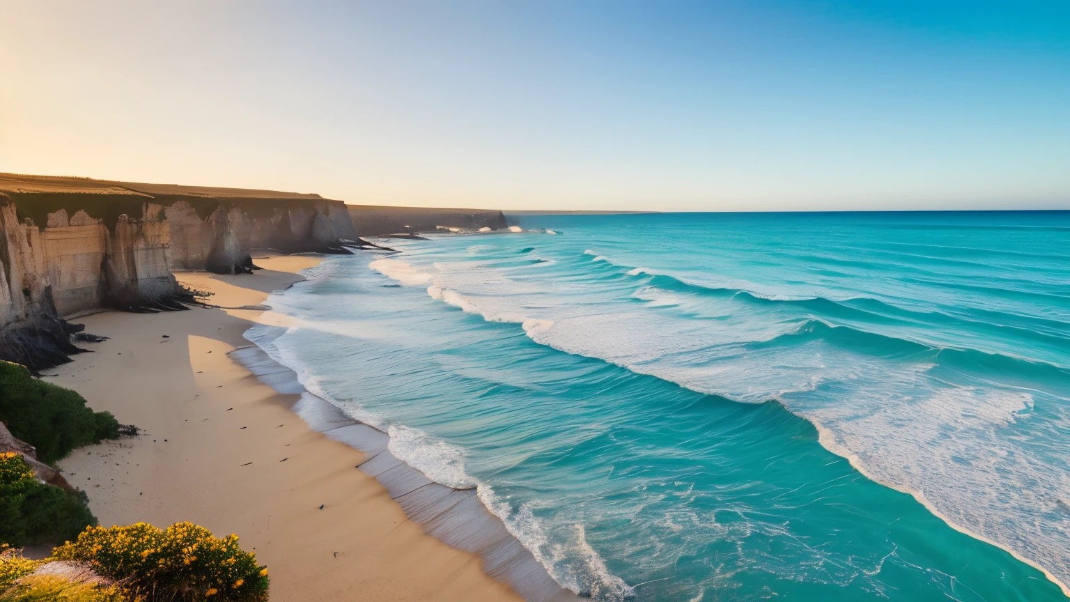 An overhead view of a stunning coastline featuring turquoise waves meeting rocky cliffs and sandy beaches. The waves break into white foam along the shore, with the landscape extending into rolling hills under a warm, clear sky, creating a serene and majestic atmosphere.