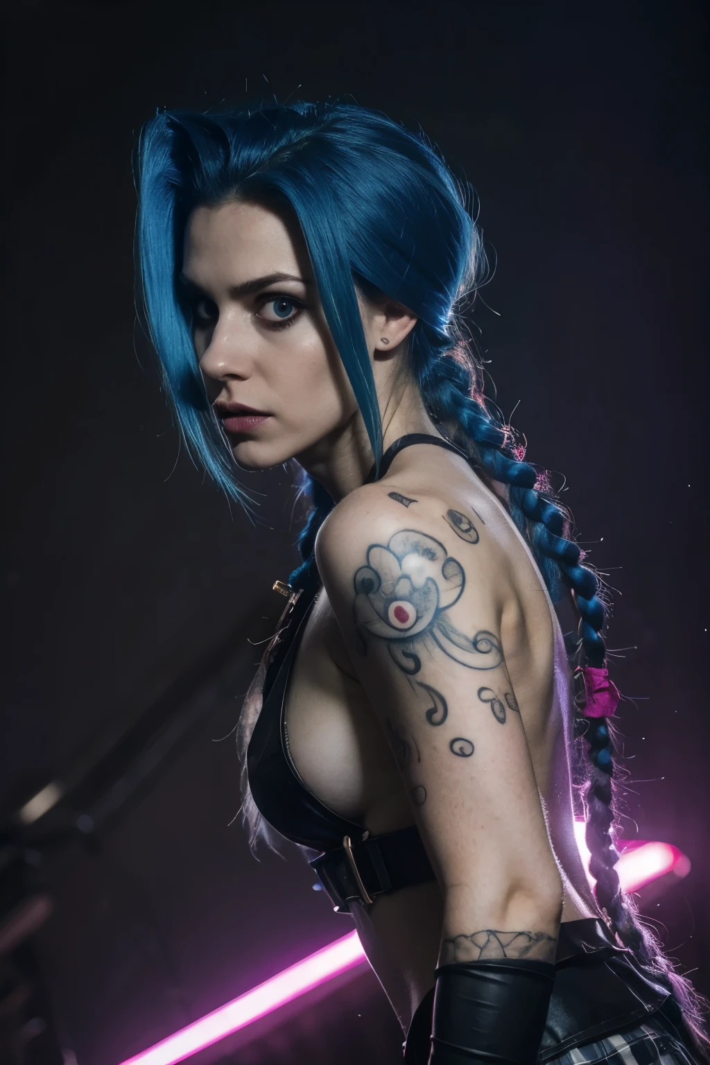 Hyper realistic super detailed Jinx cosplay , Very detailed, (hyper realistic: 1.4), in dynamic pose, angry face, twin braids, long hair, blue hair, red eyes, tattooed arm , ((Crazy face)), arcane style. ((Grunge Neon grafitti background)).