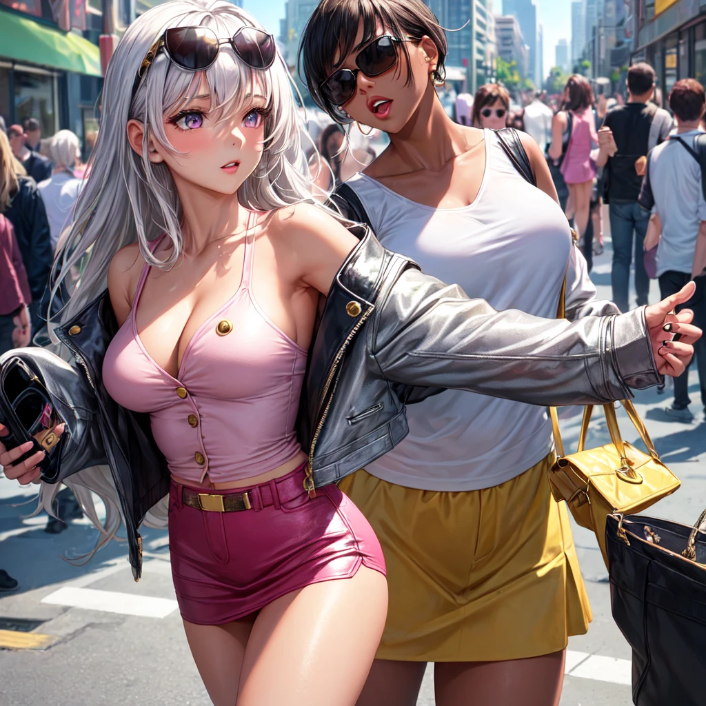 ((best quality)), ((masterpiece)), (detailed), A woman with long, White hair and tanned skin. She has  striking silver eyes. She's wearing sunglasses and a dark pink leather jacket with gold buttons over a sexy, provocative salmon-colored camisole. She pairs this with a pink skirt. The background is a bustling cityscape.