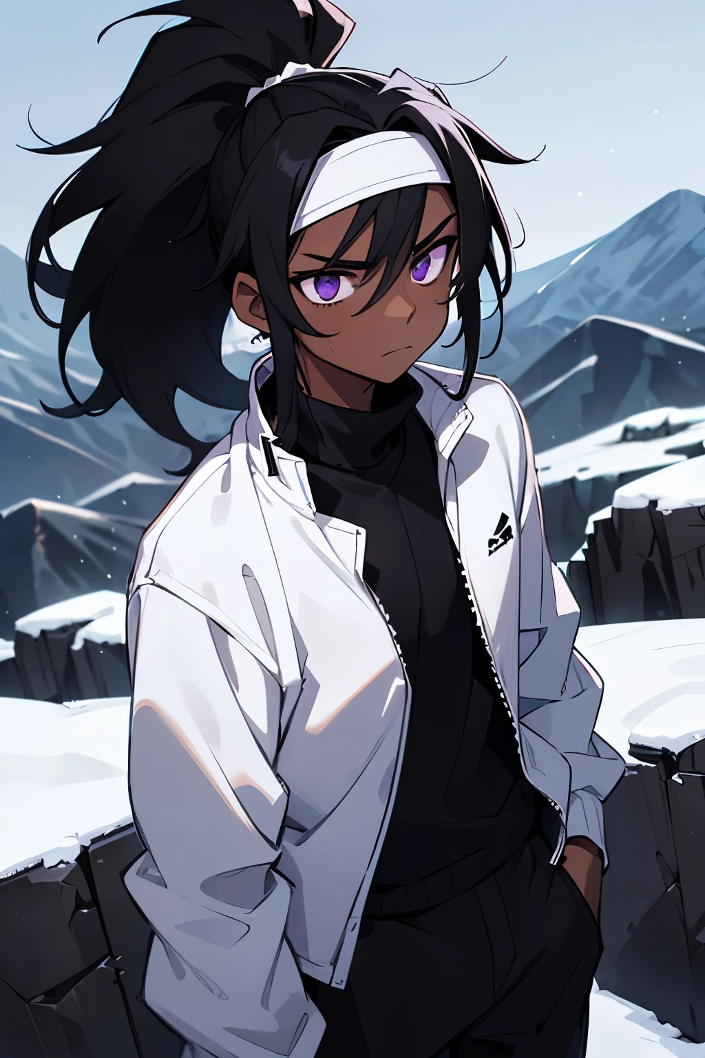 Young male, pitch black skin, black hair, messy hair, ponytail hair, white headband, purple eyes, white long-sleeved shirt with a turtleneck, black sweatpants, cold expression, on a mountain at night