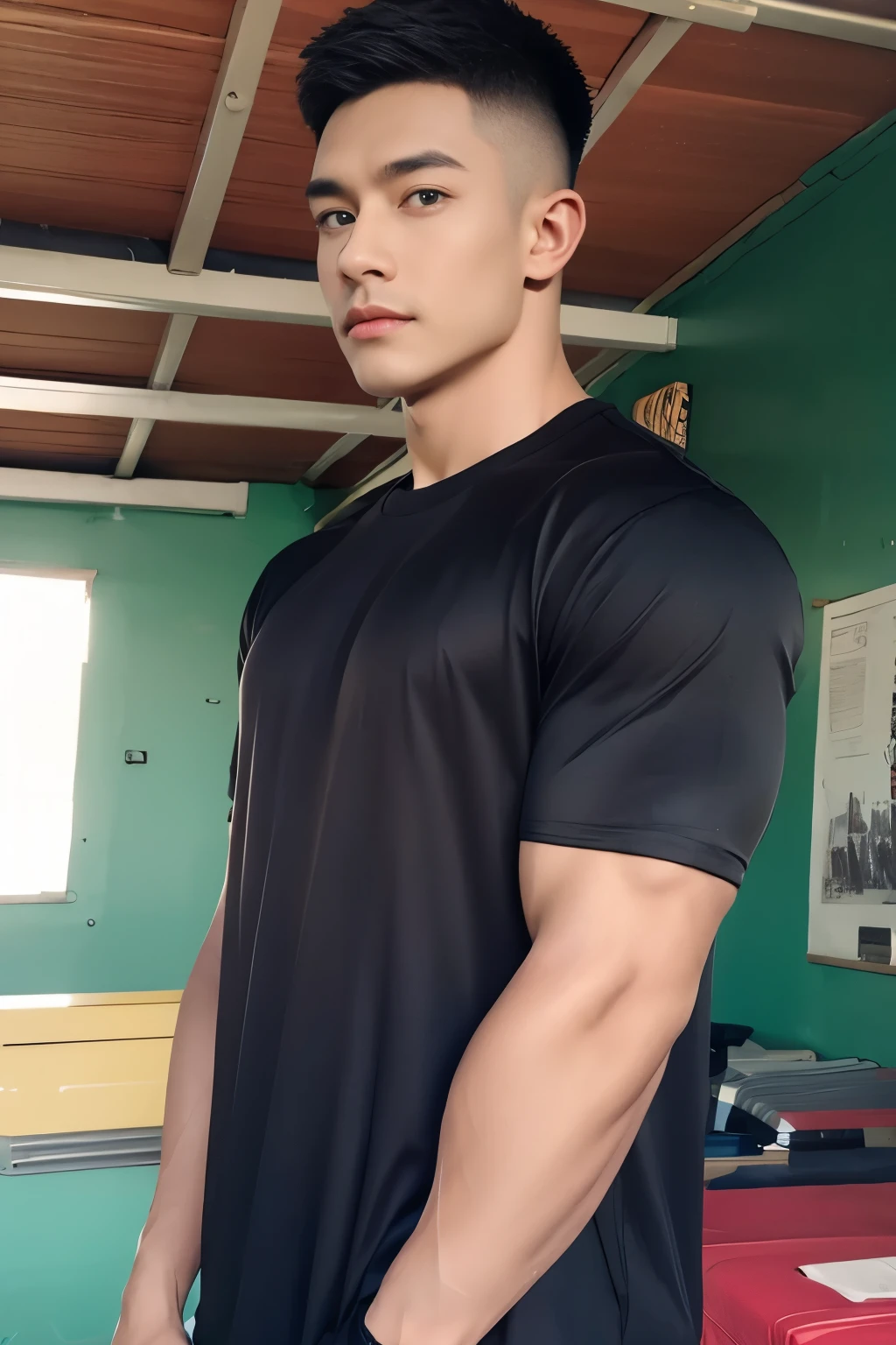 armface , Handsome young man standing, (have a mustache:1) ,(buzz cut:1.1), (short hair:1.2), The forearms are muscular., (Tight T-shirt:1.5),(black shirt:1.5),Jeans, Big muscles, Handsome and muscular, full body angle, (Fitness:1.1), natural light 