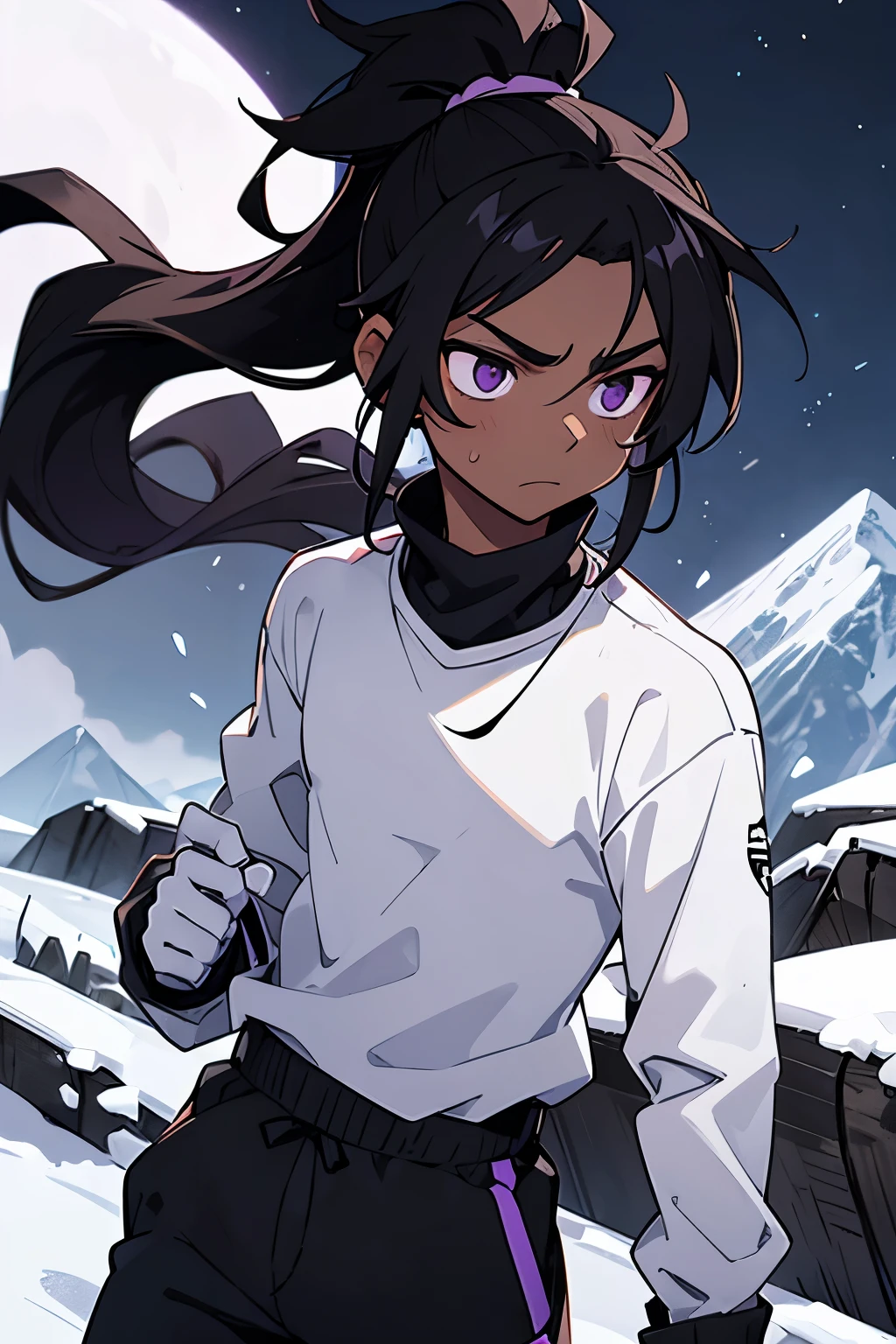 Young male, pitch black skin, black hair, messy hair, ponytail hair, white headband, purple eyes, white long-sleeved shirt with a turtleneck, black sweatpants, cold expression, on a mountain at night
