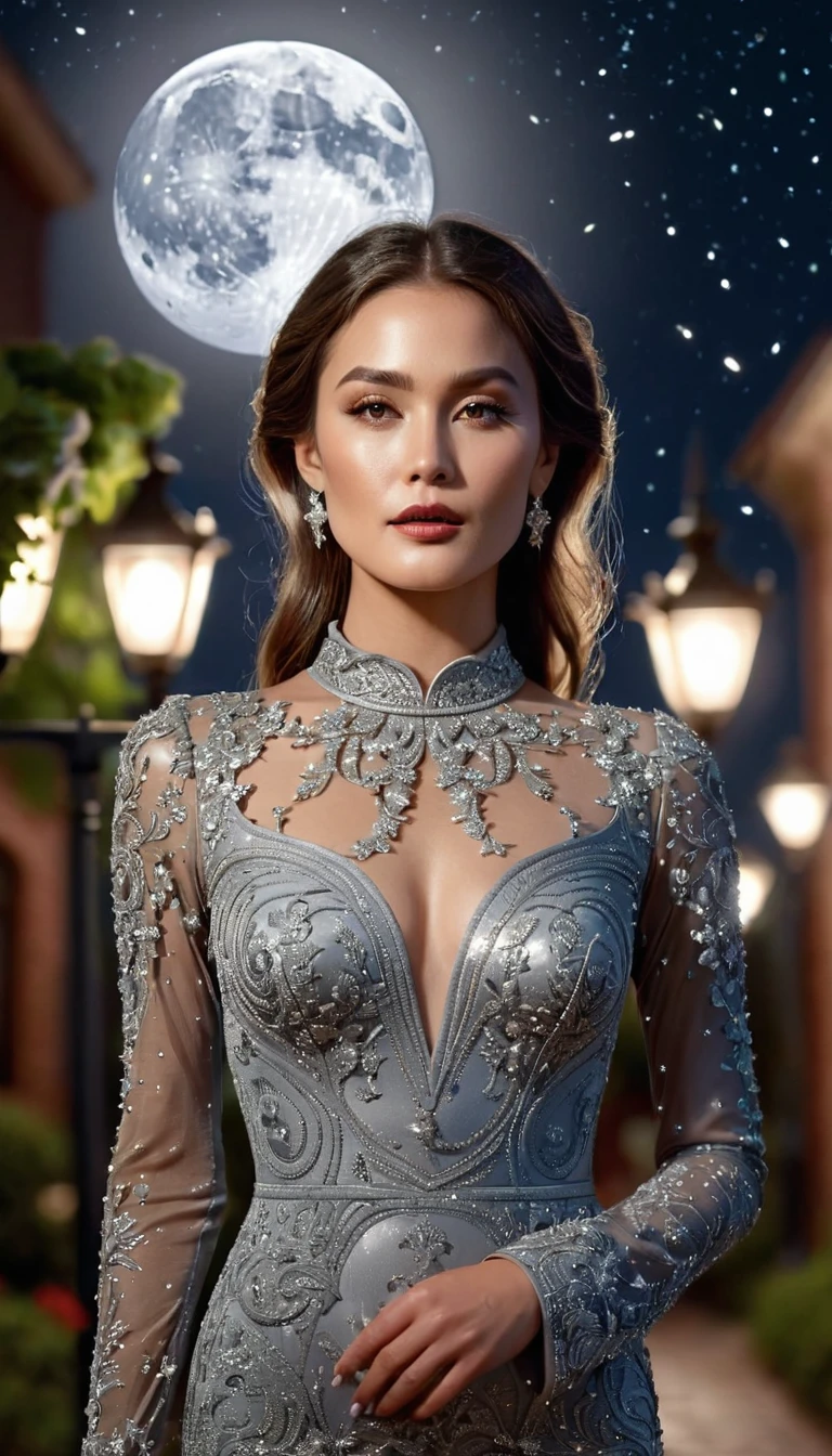 beautiful woman in a silver dress with long sleeves, night, moon, stars, flowers, lamp, distance, trending on artstation, sharp focus, studio photo, intricate details, highly detailed, by greg rutkowski