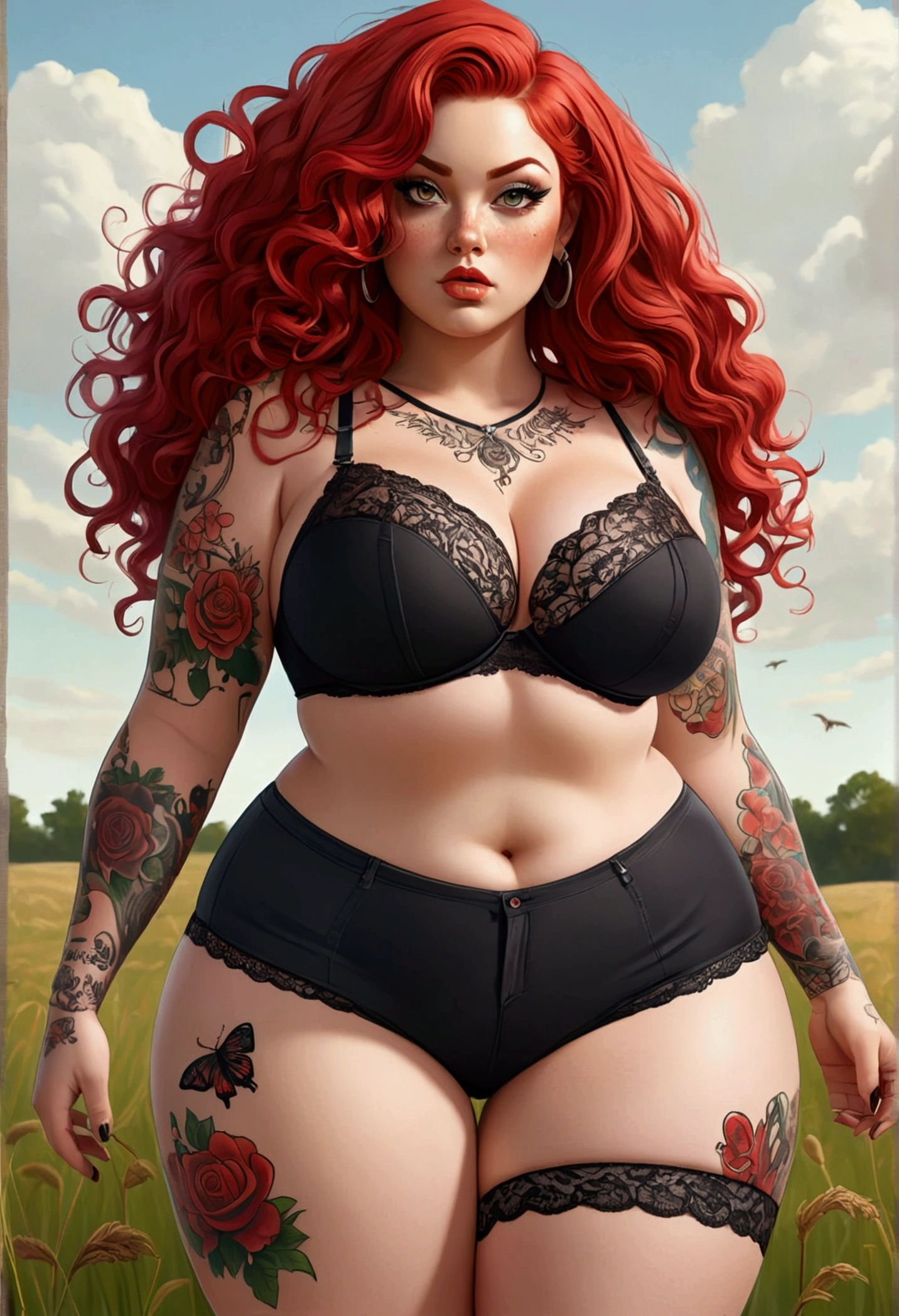 (Best quality), (high resolution), (detailed),1woman, chubby elf girl, dark fantasy, black underwear, ginger hair, hiding, hiding herself from perverts, black top, black strings, holding door, green eyes, hiding behind shelf