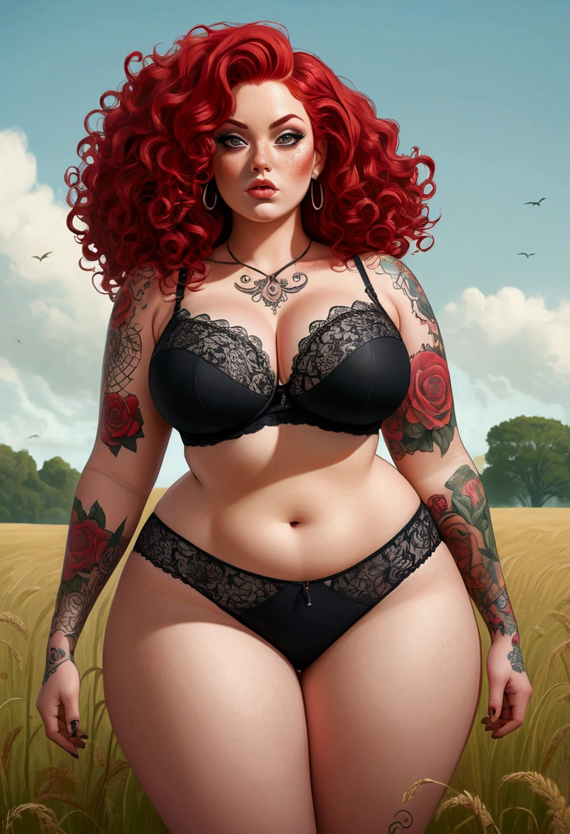 illustration of a thicc beautiful curvy women standing in open field.look at the viewer The person is viewed from the front, short shorts, wearing thin black lace enormous bra fuller cup size 75h They have tattoos on their arms and back, featuring various designs like scary things and text. Their red hair curly