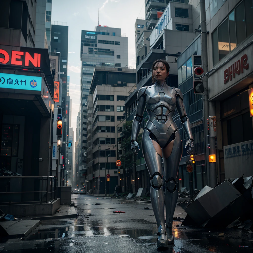Generates a robot with human skin escaping from the police in a slightly destroyed city of the future
