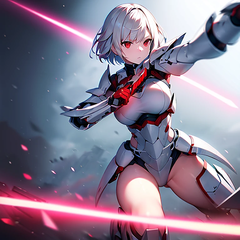 (girl)(white short hair)(red eyes)(Driving exoskeleton armor)(Cool battle scenes)(The blade flickers)(Fierce clash of weapons)4K