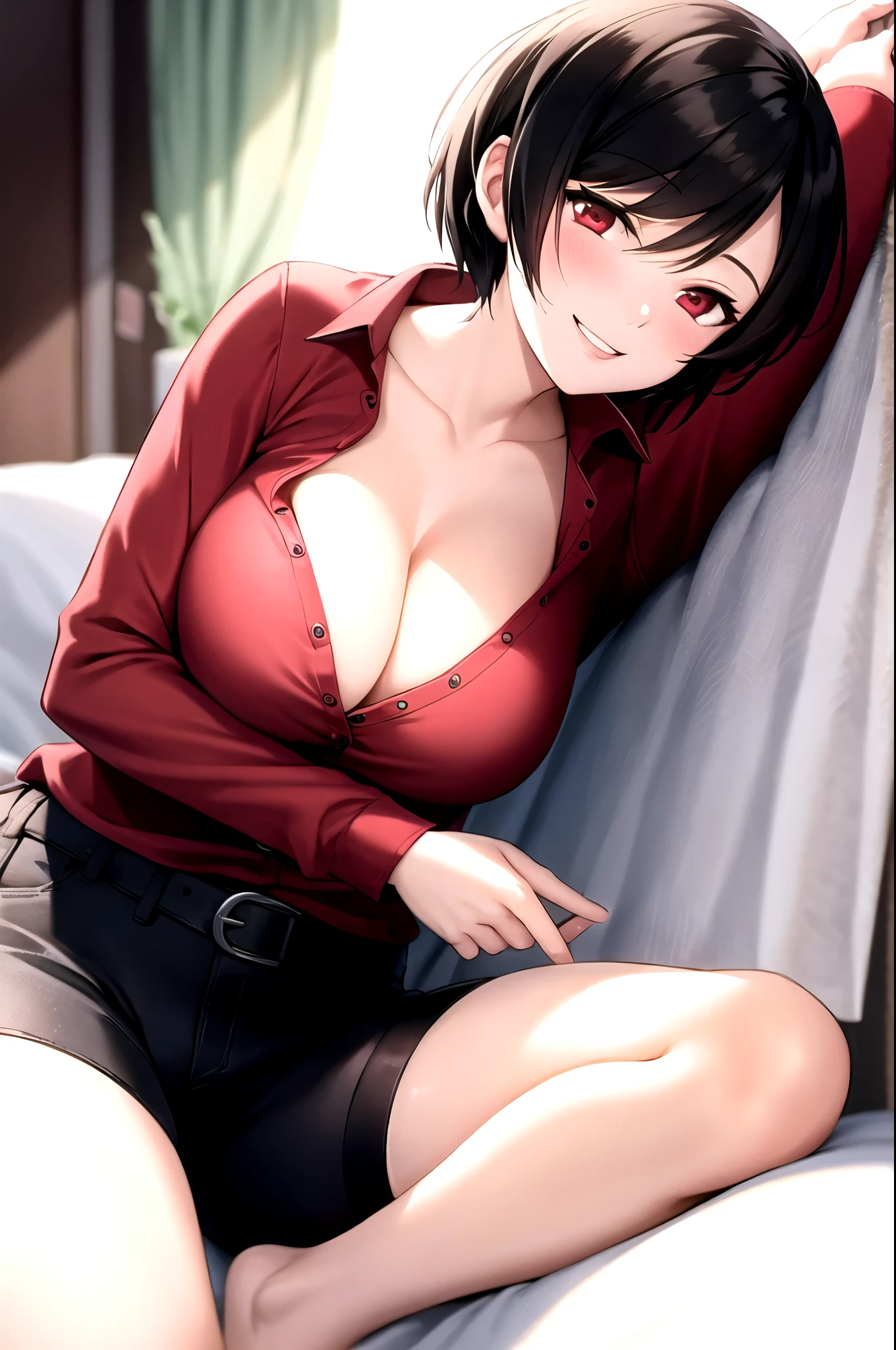 Ada wong,Red Shirt,Cleavage,Black trousers,smile,sexy,Shirt with upturned collar, Shirt with open collar, high collar shirt,blush,One Woman,Put your hands behind your head,whole body,By the window of the rising sun,Shirt with a standing collar,Semi-short,Spread your legs,Lying down,