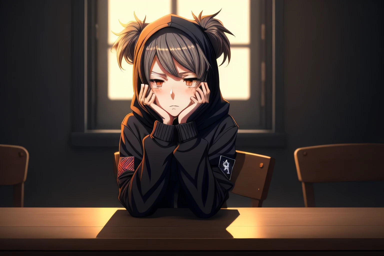 Anime girl sitting at the table, Hold your head with both hands, Anime Moe Art Style, Kantai Collection Style, Cute girl anime visuals, With a sad look on his face, artwork in the style of Gwaiz, Girls Frontline Style, Tired look, Young Anime Girl, Bored look, Long Hair Anime Girl, Dark-haired girl wearing a hoodie, Gwaiz