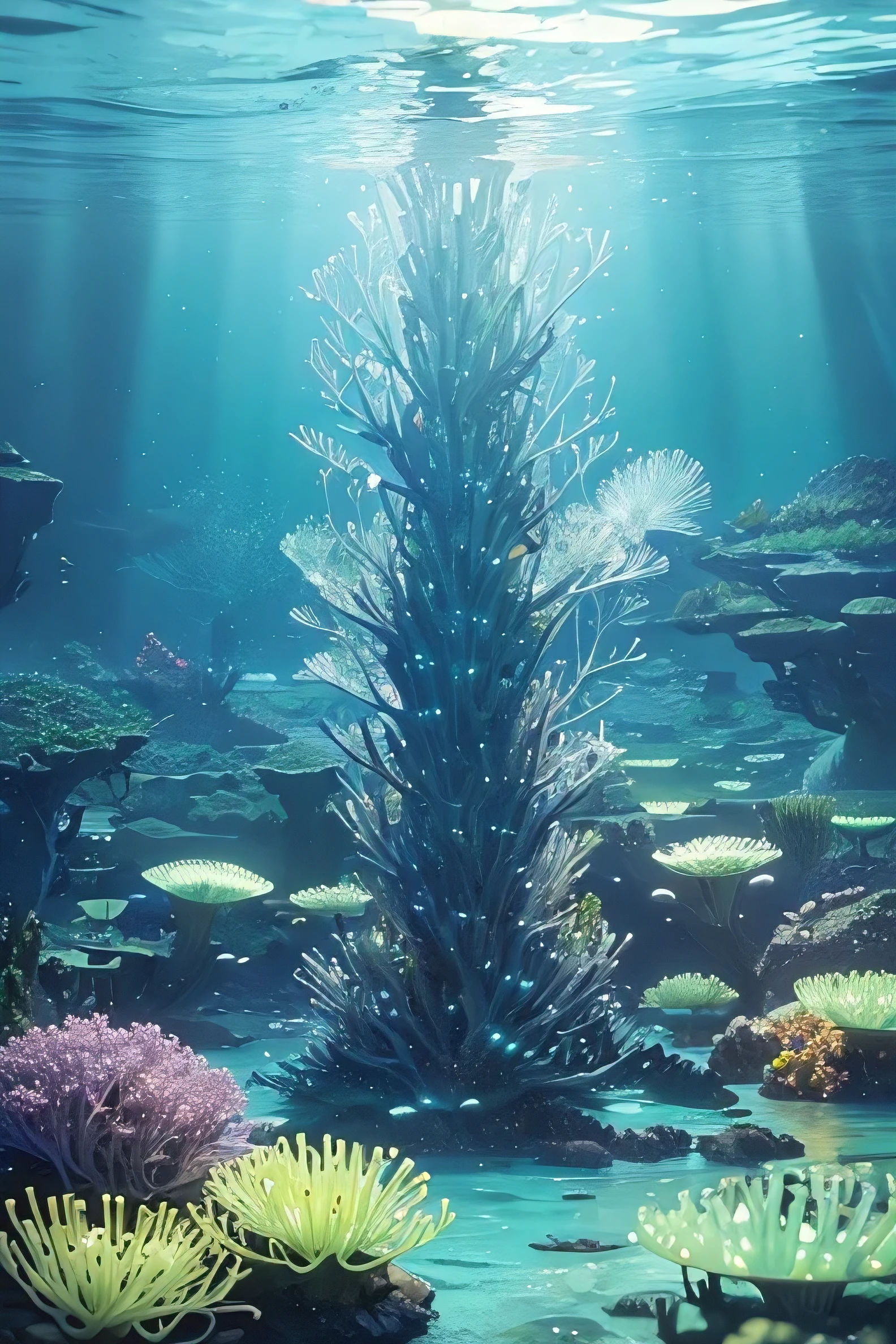 masterpiece, Highest quality, (Very detailed CG Unity 8k 壁紙), (Highest quality), (Best illustrations), (Best Shadow), Marine theme with natural elements. Tall mangrove, rich Seaweed, Luminous jellyfish, Surrounded by schools of fish, Luminous particle effect,, (Seaweed), (Ocean Theme), ((Glowing Algae)), (coral), ((Luminous jellyfish )), ((Glowing creatures in seawater)), ((Seafire)), (((Particle Effects))), Isometric 3D, Octane Rendering, Ray Tracing, Very detailed