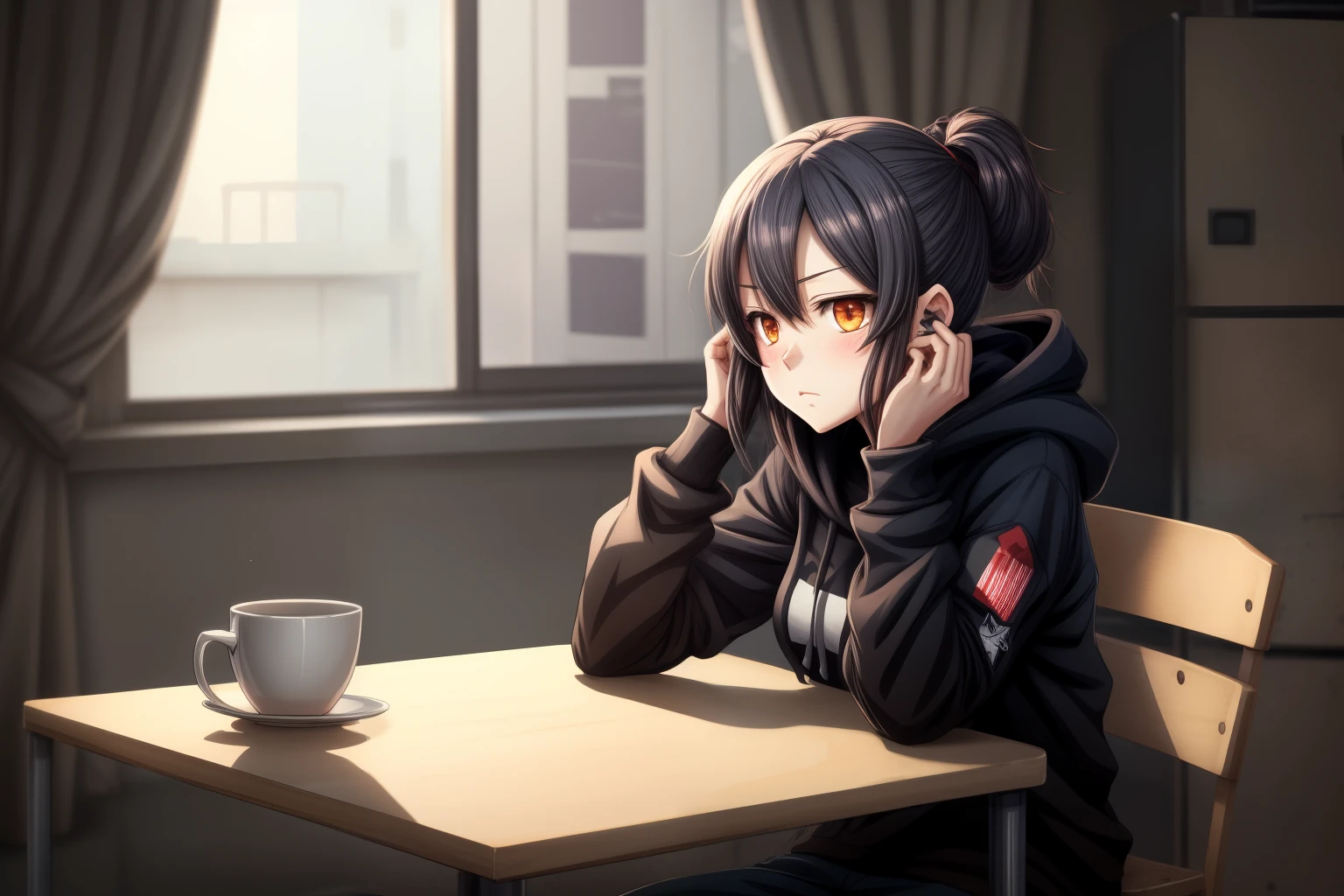 Anime girl sitting at the table, Hold your head with both hands, Anime Moe Art Style, Kantai Collection Style, Cute girl anime visuals, With a sad look on his face, artwork in the style of Gwaiz, Girls Frontline Style, Tired look, Young Anime Girl, Bored look, Long Hair Anime Girl, Dark-haired girl wearing a hoodie, Gwaiz