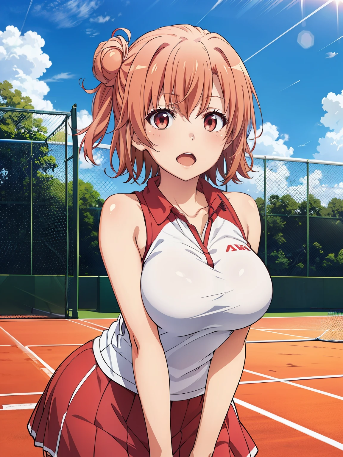 ((Highest quality, High resolution,  Perfect Pixel,  4K)),  (Beautiful Anime Girls), Depth of written boundary、

Perfect body, 

yuigahama yui, (Big Breasts:1.1)、 Red eyes、 short hair, Single hair bun、

Tennis Wear、

summer、sunlight、

Tennis court、