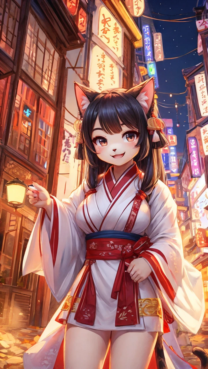 Yaki Neko，cute，Girl，A-cup breasts，Happy smile，Hanfu，City night scene，Cat&#39;s Tail