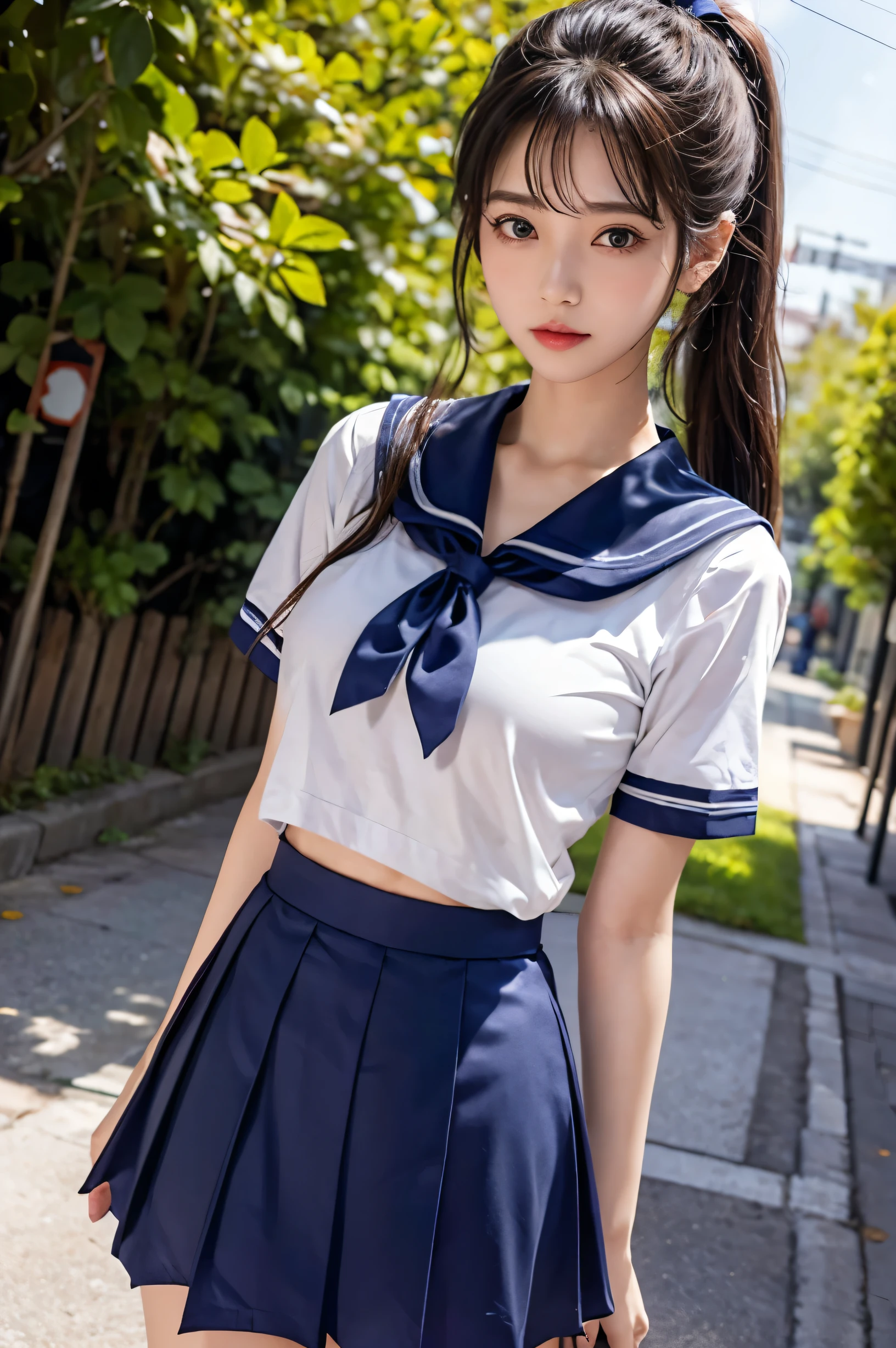 (Ultra HD), (Short-sleeved sailor uniform, Navy blue short skirt), Big Breasts, slender, Narrow waist, (The belly button is visible:0.8), (Panties are visible:0.2), whole body, Standing posture, (Clean and shiny skin, Whitening, No makeup), (Super slim face, Super beautiful face), (ponytail, Layered Cut, Fluffy hair), (double eyelid, Slanted Eyes), Small Nose, Thin lips, Thin legs, In front of the school gate
