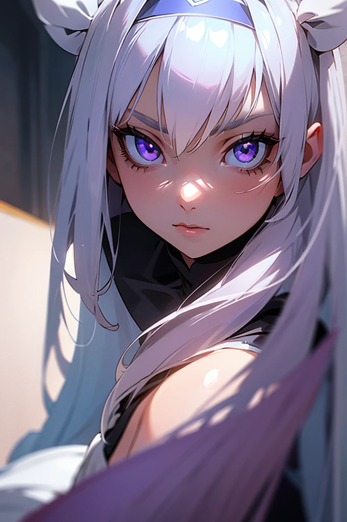 A girl in her late teens with white hair and amethyst eyes wearing a white dress in a hallway as a close up face pic of her 