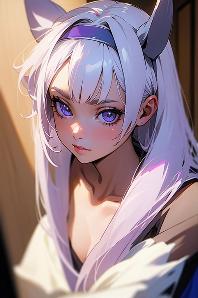 A girl in her late  with white hair and amethyst eyes wearing a white dress in a hallway as a close up face pic of her 