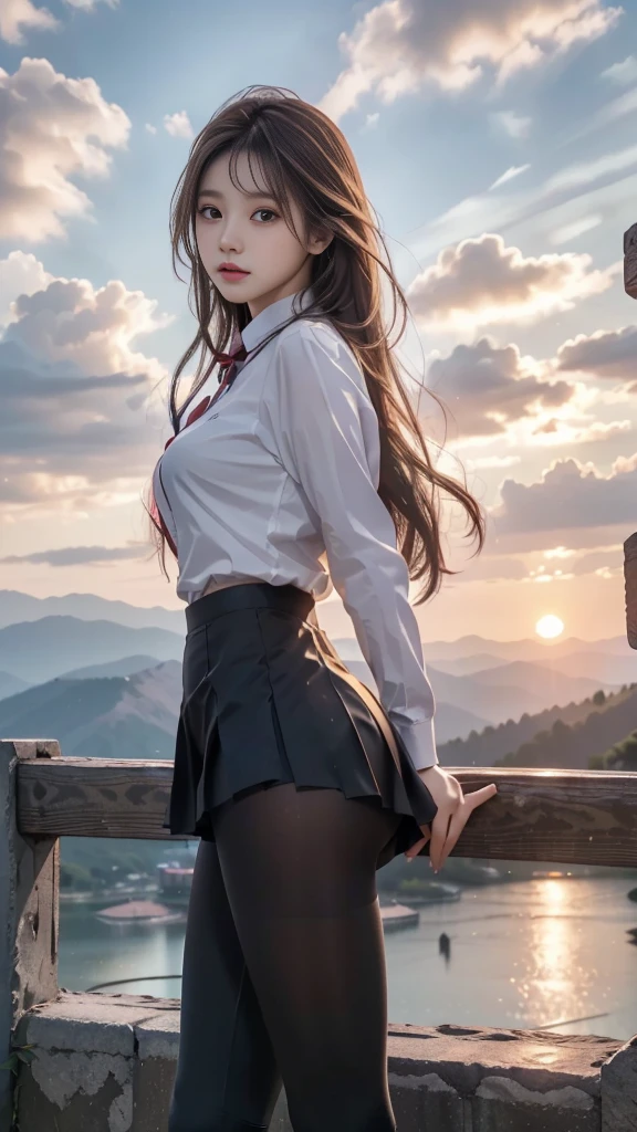 ulzzang-6500-v1.1, (RAW photo: 1.2), (Real photo), (Real photo: 1.4), 1 girl、Perfect anatomy、20 years old、Looking at the camera、Medium length hair、Uniform skirt, watching the sunset, ((in the mountains: 1.1))、(Hyperrealistic tights: 1.2), (Business service)、Asian eyes Ella,