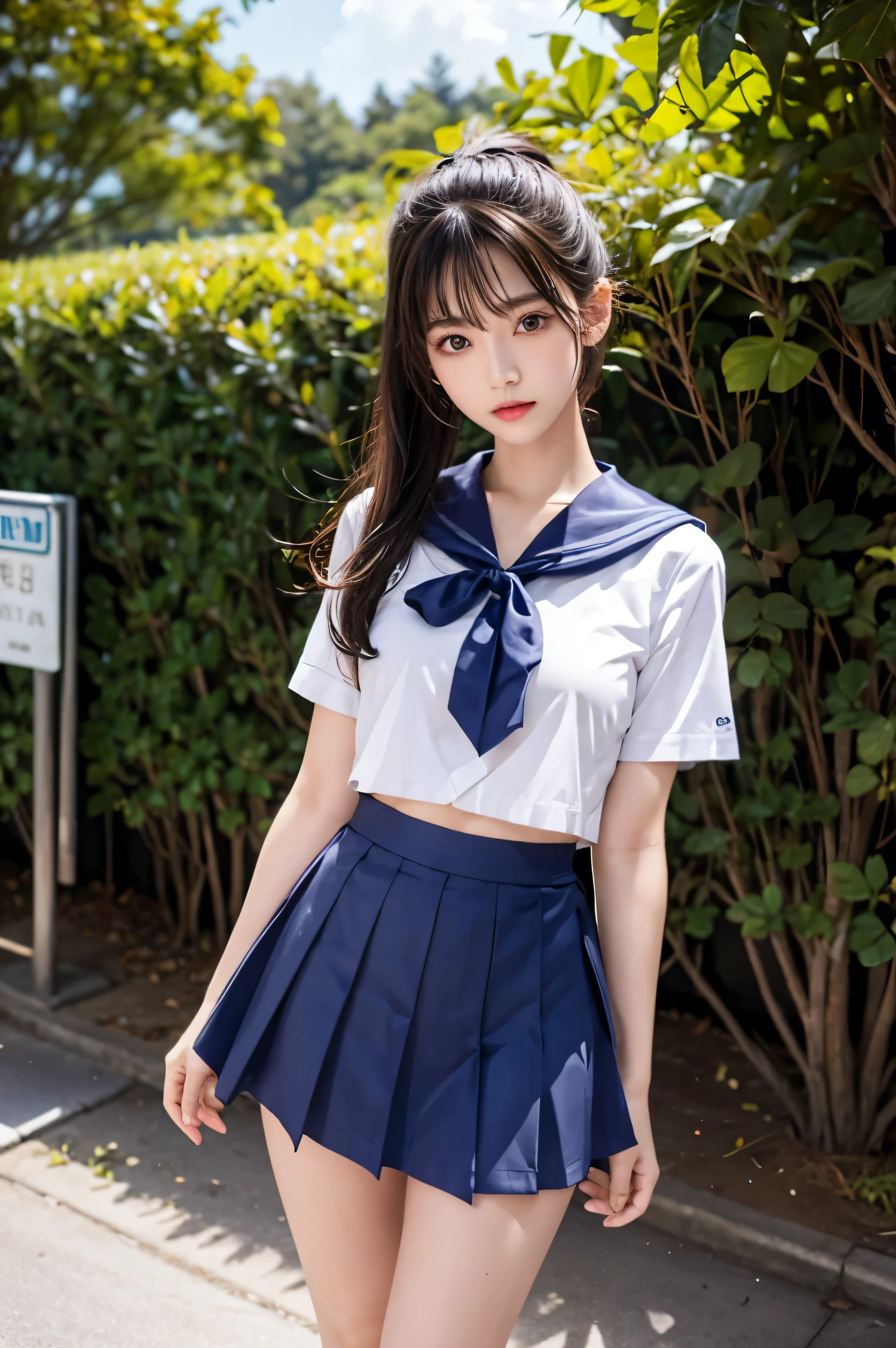 (Ultra HD), (Short-sleeved sailor uniform, Navy blue short skirt), Big Breasts, slender, Narrow waist, (The belly button is visible:0.8), (Panties are visible:0.2), whole body, Standing posture, (Clean and shiny skin, Whitening, No makeup), (Super slim face, Super beautiful face), (ponytail, Layered Cut, Fluffy hair), (double eyelid, Slanted Eyes), Small Nose, Thin lips, Thin legs, In front of the school gate